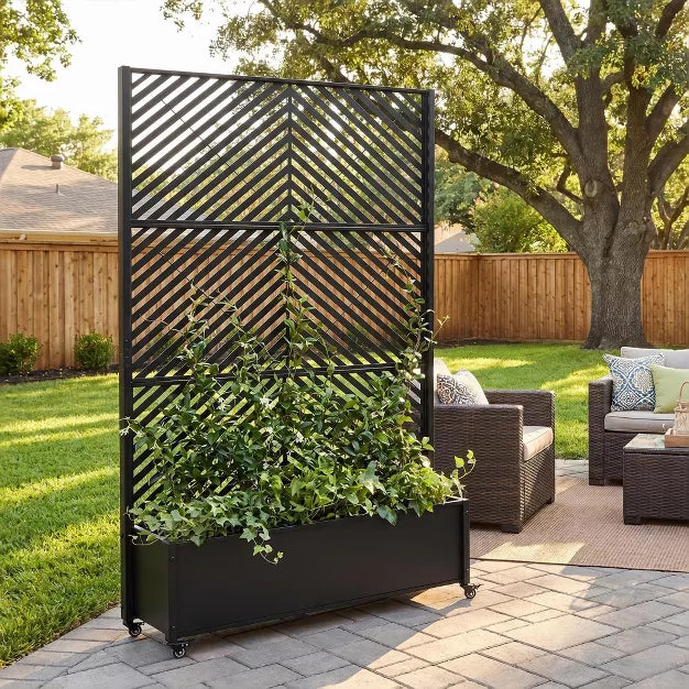 Metal Raised Garden Bed with Trellis & Privacy Screen, Large Planter Box on Wheel