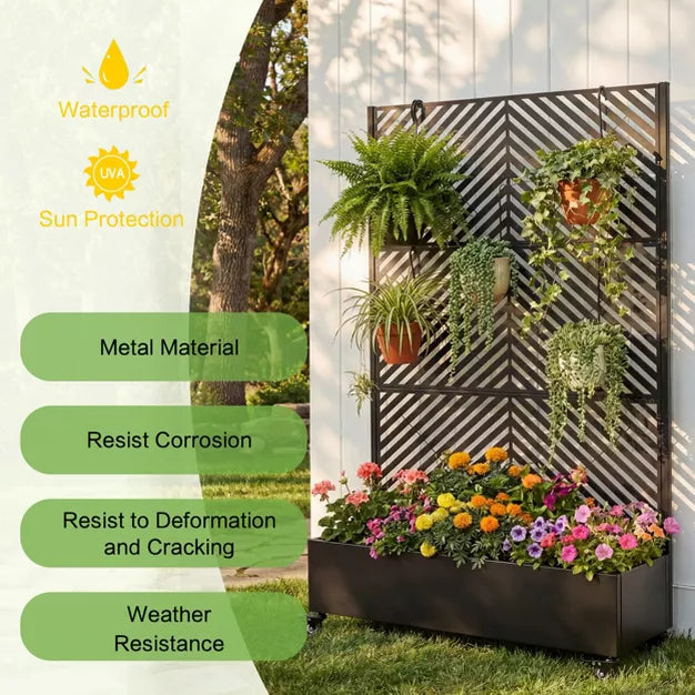 Metal Raised Garden Bed with Trellis & Privacy Screen, Large Planter Box on Wheel