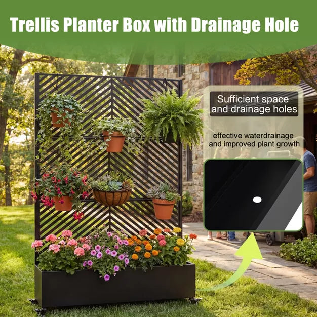 Metal Raised Garden Bed with Trellis & Privacy Screen, Large Planter Box on Wheel