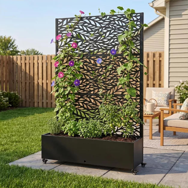 73" Patio Privacy Screen with Metal Raised Garden Bed on Wheels & Drainage