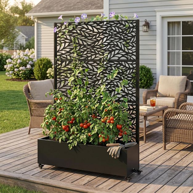 73" Patio Privacy Screen with Metal Raised Garden Bed on Wheels & Drainage