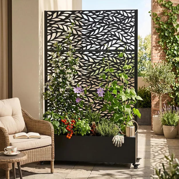 73" Patio Privacy Screen with Metal Raised Garden Bed on Wheels & Drainage