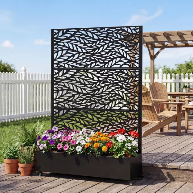 73" Patio Privacy Screen with Metal Raised Garden Bed on Wheels & Drainage