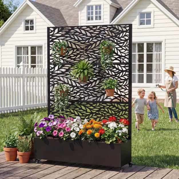 73" Patio Privacy Screen with Metal Raised Garden Bed on Wheels & Drainage