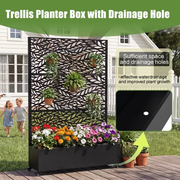 73" Patio Privacy Screen with Metal Raised Garden Bed on Wheels & Drainage