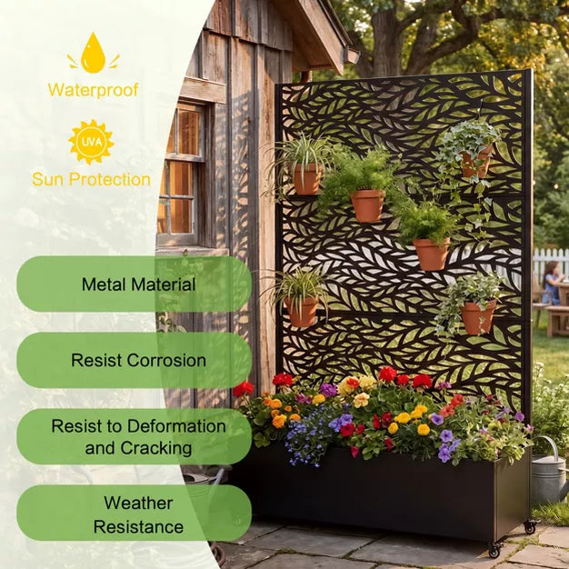73" Patio Privacy Screen with Metal Raised Garden Bed on Wheels & Drainage