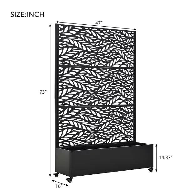 73" Patio Privacy Screen with Metal Raised Garden Bed on Wheels & Drainage