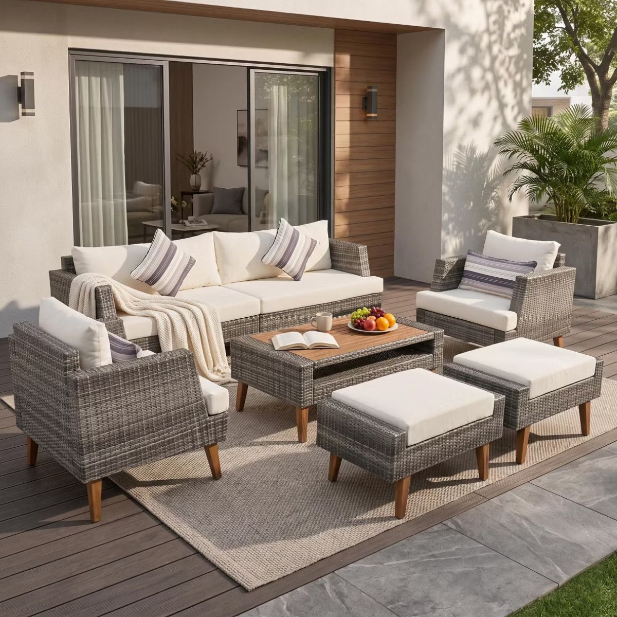 6-Piece Outdoor Patio Furniture Set with 86-Inch Wicker Sofa