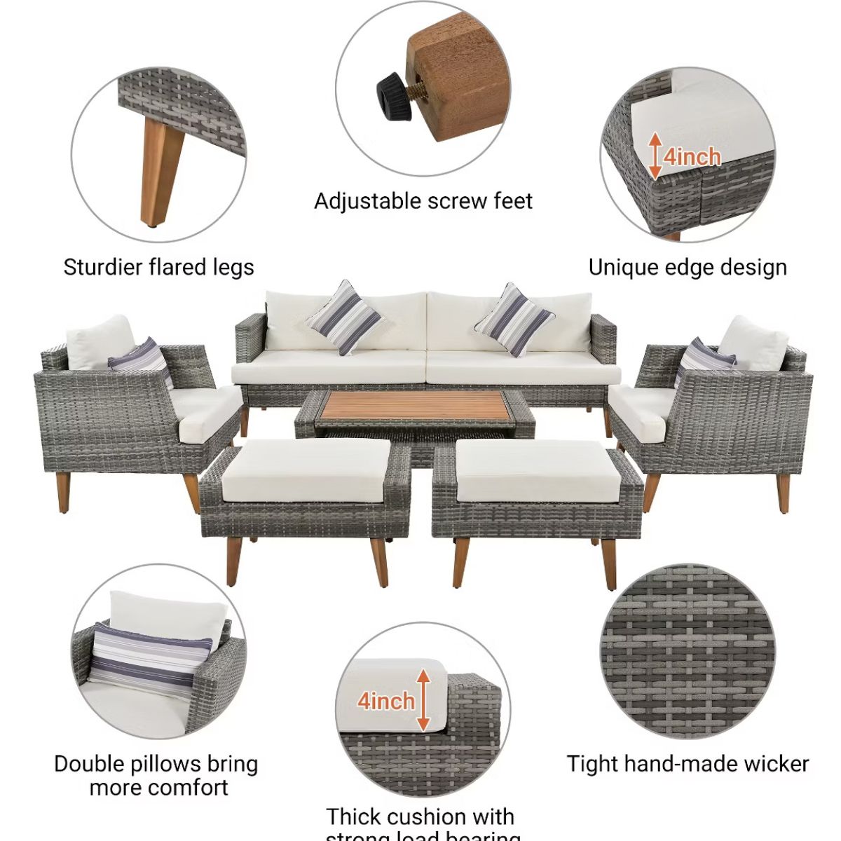 6-Piece Outdoor Patio Furniture Set with 86-Inch Wicker Sofa