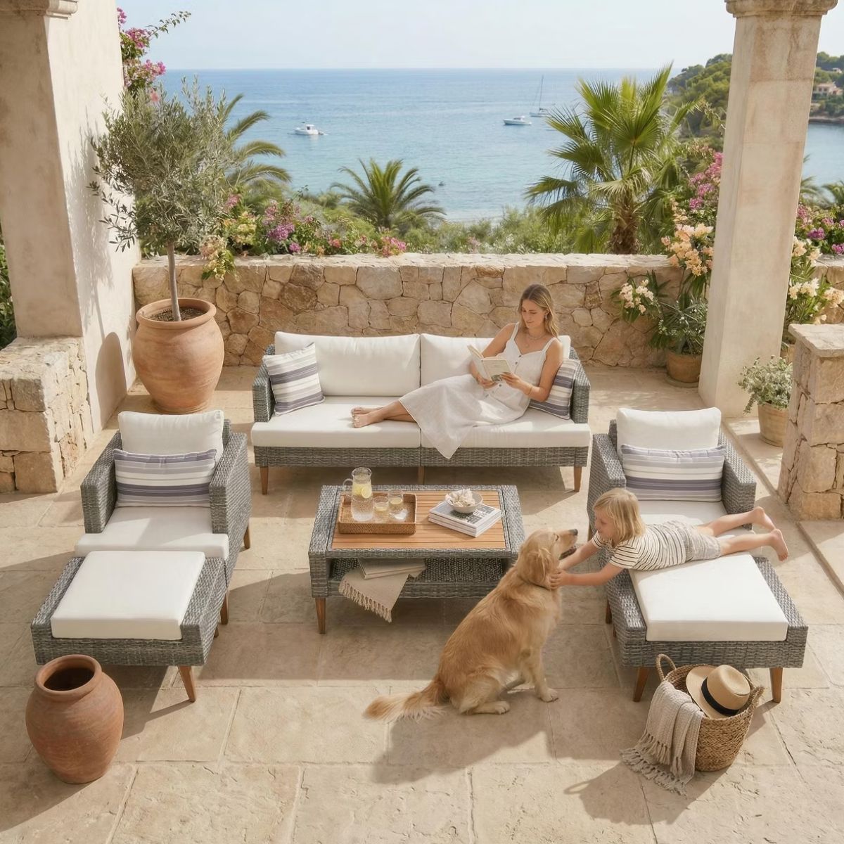 6-Piece Outdoor Patio Furniture Set with 86-Inch Wicker Sofa