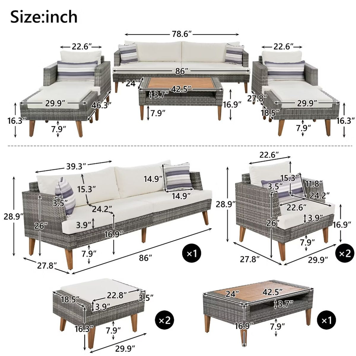 6-Piece Outdoor Patio Furniture Set with 86-Inch Wicker Sofa