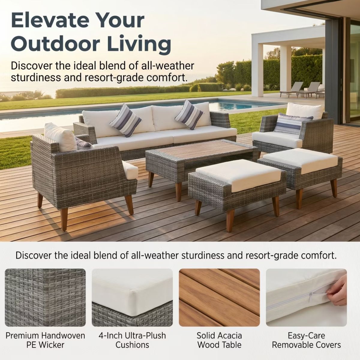 6-Piece Outdoor Patio Furniture Set with 86-Inch Wicker Sofa