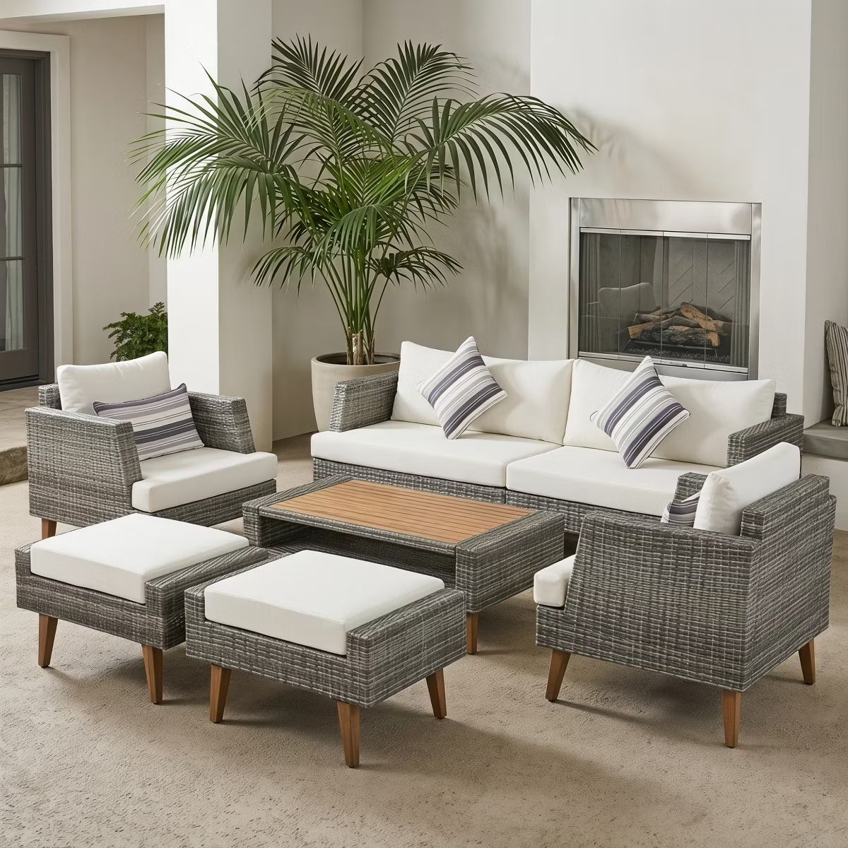 6-Piece Outdoor Patio Furniture Set with 86-Inch Wicker Sofa