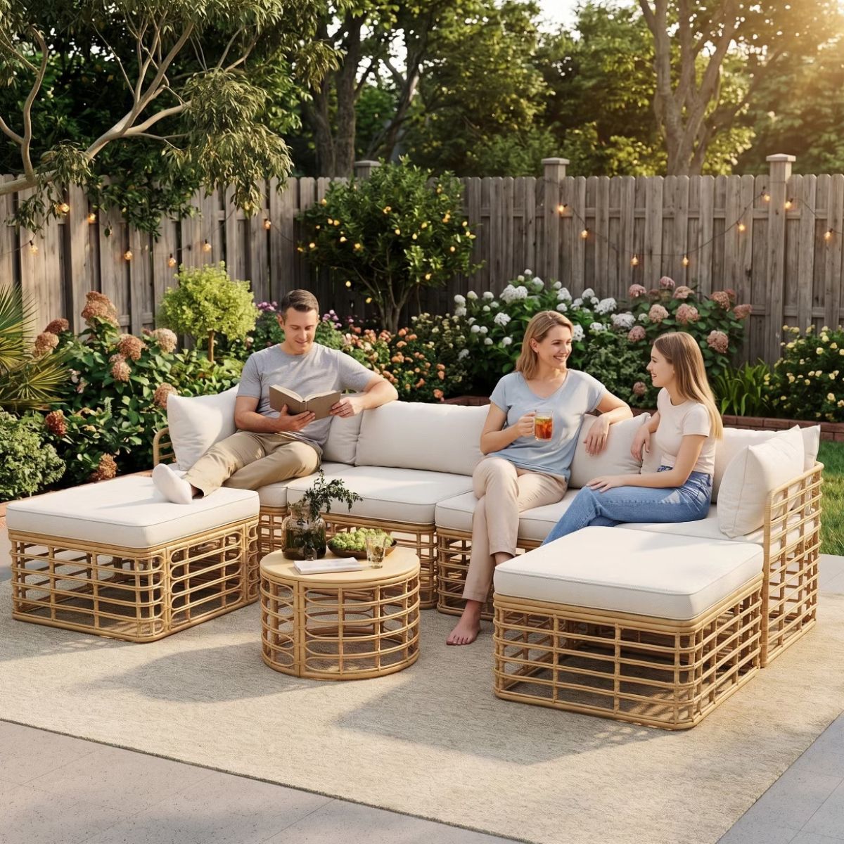 7-Piece Outdoor Wicker Patio Furniture Set with Modular Sectional Sofa