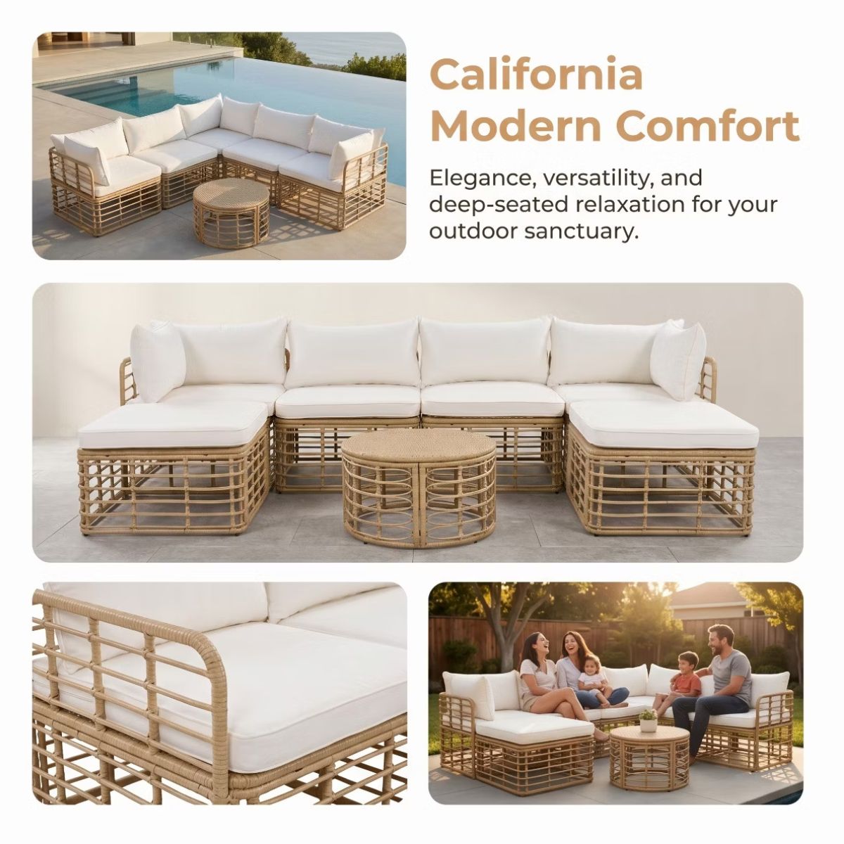 7-Piece Outdoor Wicker Patio Furniture Set with Modular Sectional Sofa