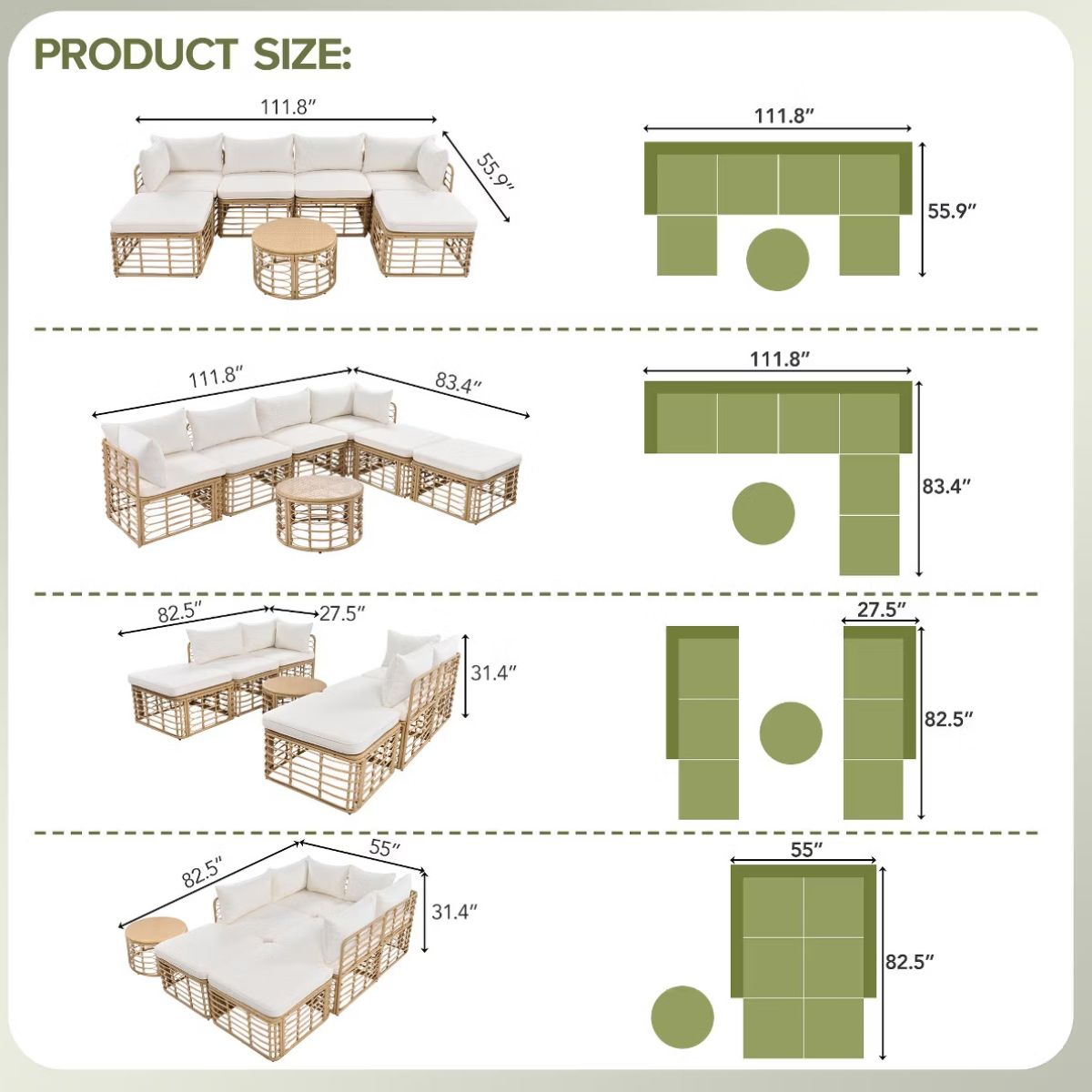 7-Piece Outdoor Wicker Patio Furniture Set with Modular Sectional Sofa