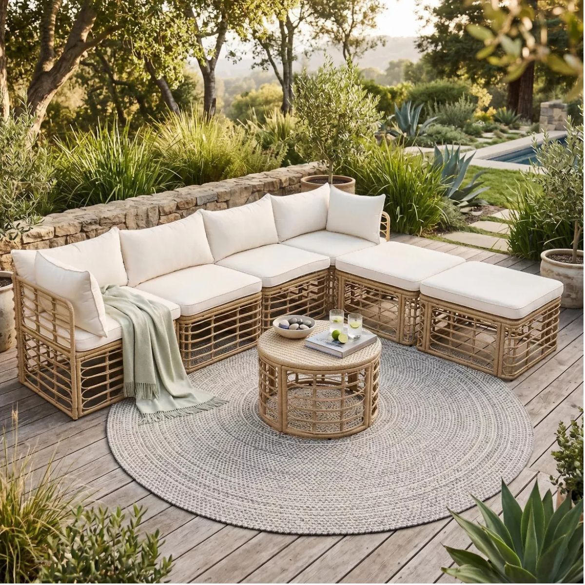7-Piece Outdoor Wicker Patio Furniture Set with Modular Sectional Sofa
