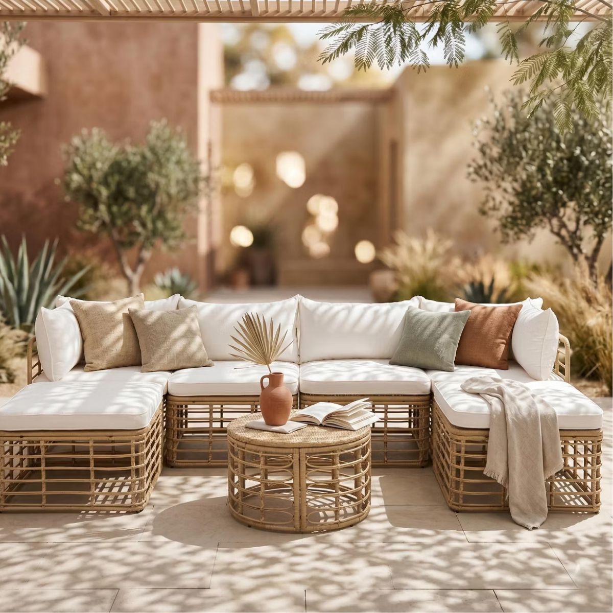 7-Piece Outdoor Wicker Patio Furniture Set with Modular Sectional Sofa