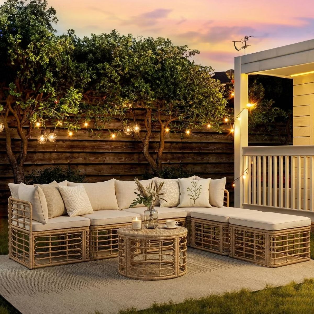 7-Piece Outdoor Wicker Patio Furniture Set with Modular Sectional Sofa