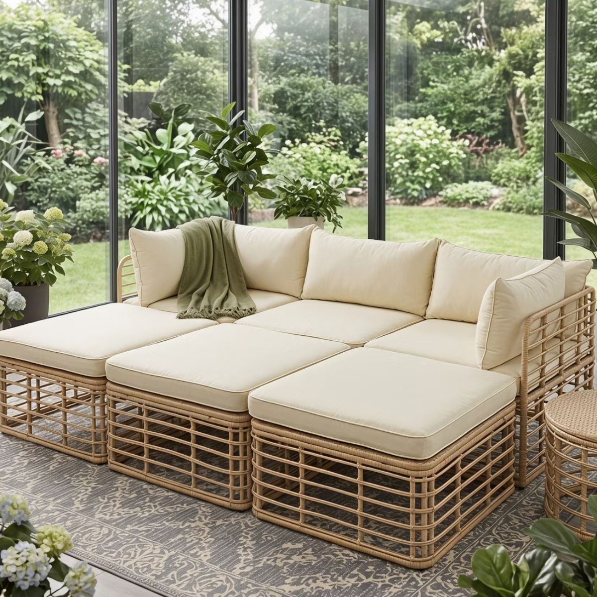 7-Piece Outdoor Wicker Patio Furniture Set with Modular Sectional Sofa