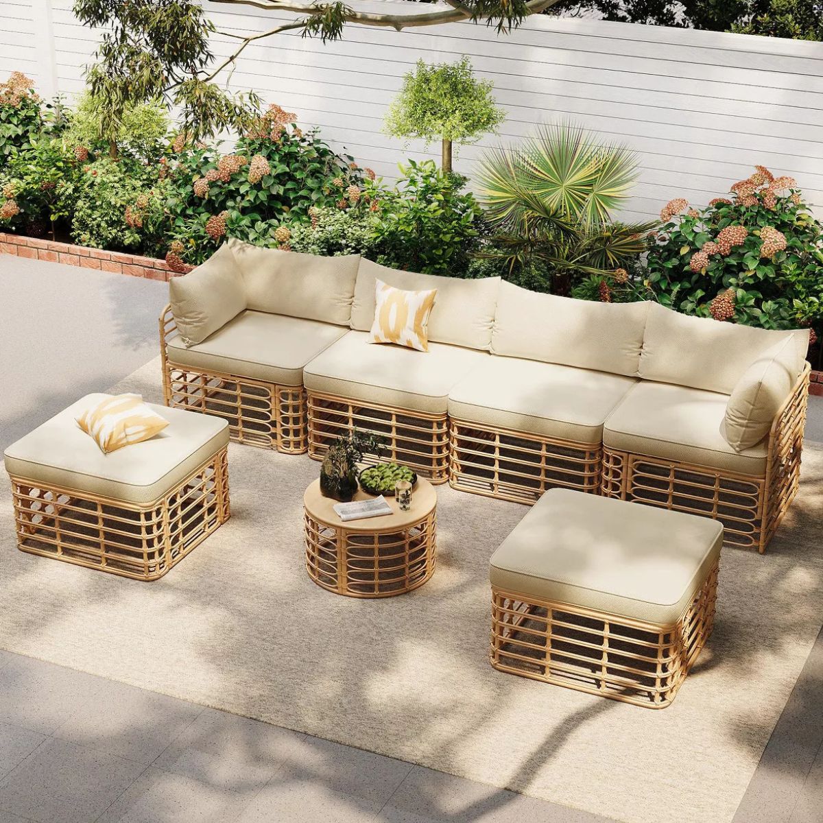7-Piece Outdoor Wicker Patio Furniture Set with Modular Sectional Sofa