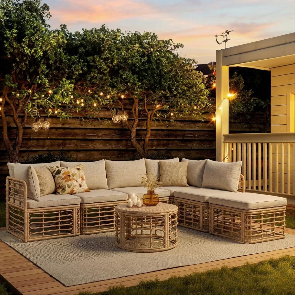 7-Piece Outdoor Wicker Patio Furniture Set with Modular Sectional Sofa