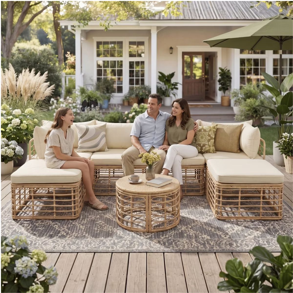 7-Piece Outdoor Wicker Patio Furniture Set with Modular Sectional Sofa