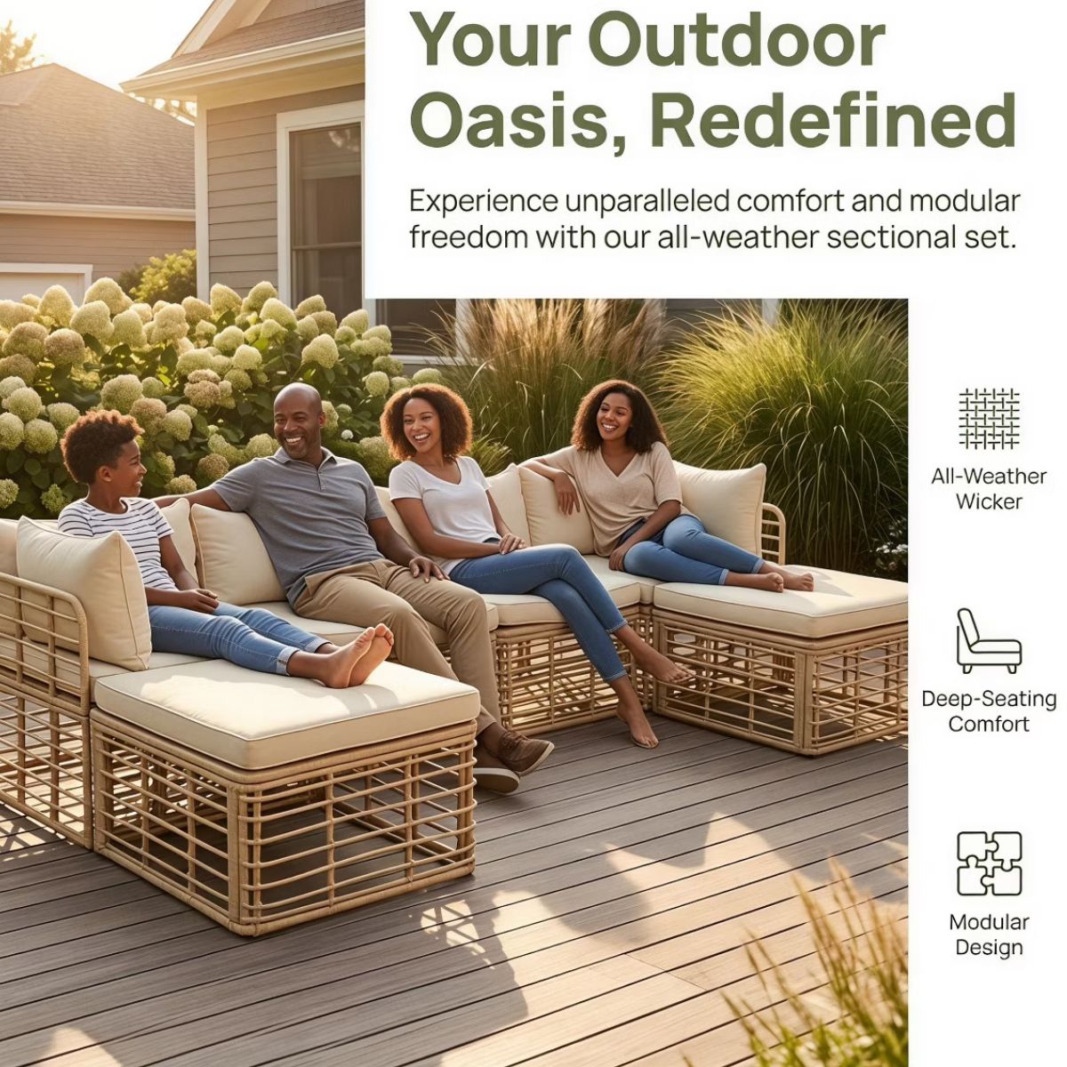 7-Piece Outdoor Wicker Patio Furniture Set with Modular Sectional Sofa