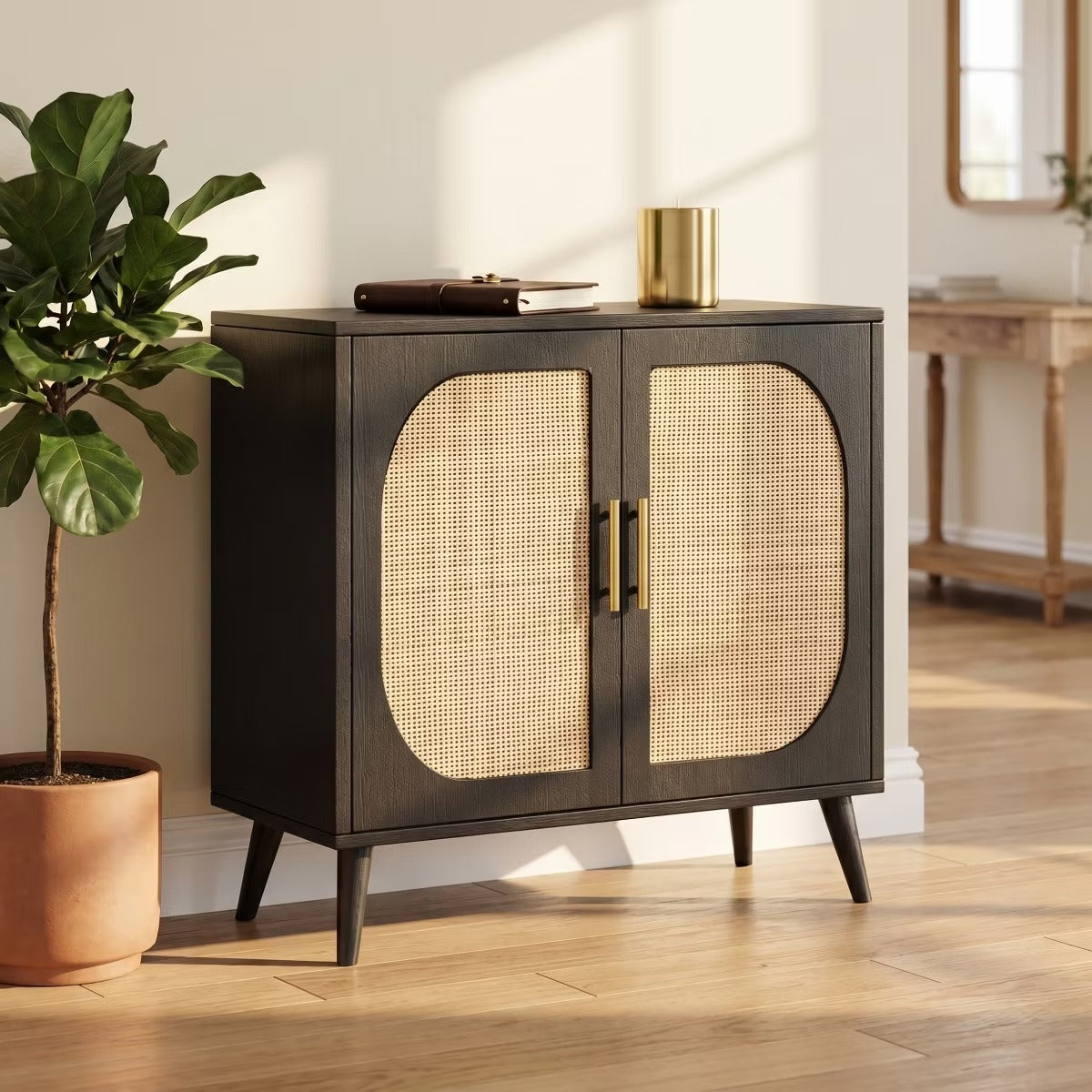 Black Rattan Buffet Cabinet with Adjustable Storage for Small Spaces