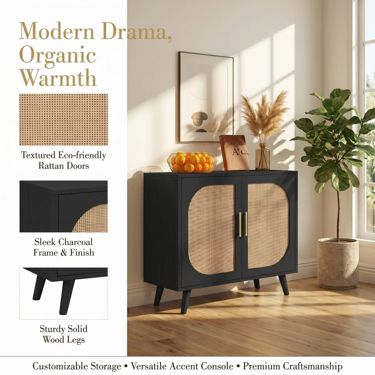 Black Rattan Buffet Cabinet with Adjustable Storage for Small Spaces