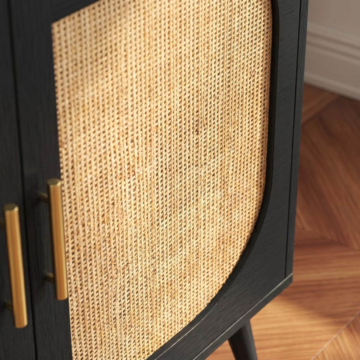 Black Rattan Buffet Cabinet with Adjustable Storage for Small Spaces