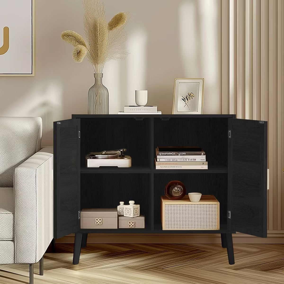 Black Rattan Buffet Cabinet with Adjustable Storage for Small Spaces