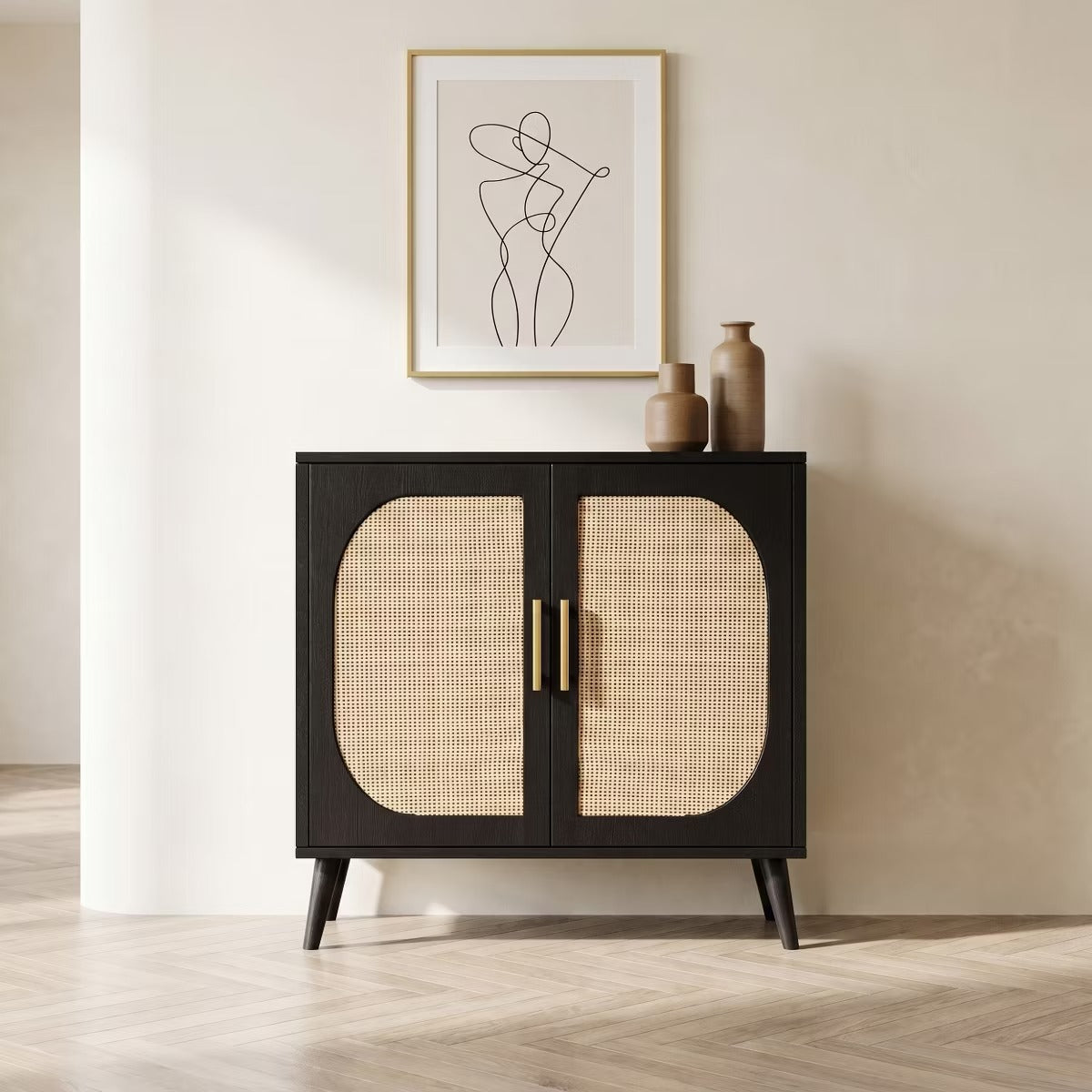 Black Rattan Buffet Cabinet with Adjustable Storage for Small Spaces
