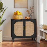Black Rattan Buffet Cabinet with Adjustable Storage for Small Spaces