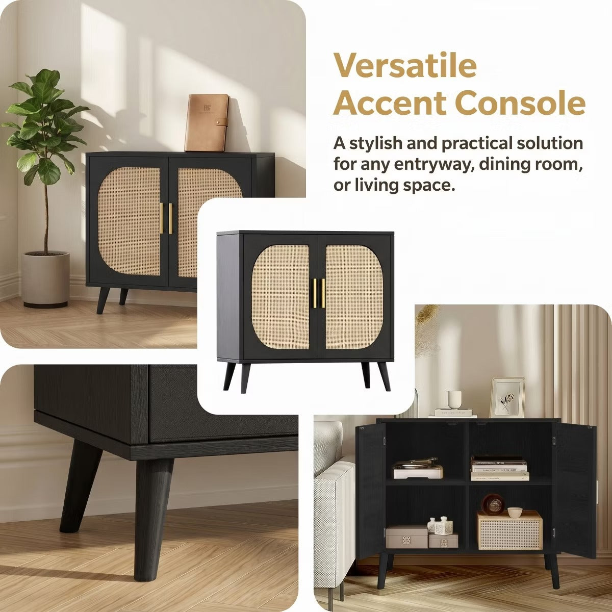 Black Rattan Buffet Cabinet with Adjustable Storage for Small Spaces