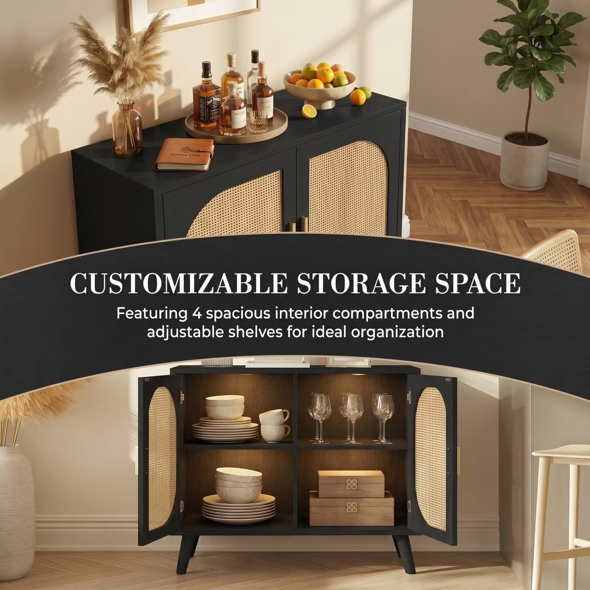 Black Rattan Buffet Cabinet with Adjustable Storage for Small Spaces