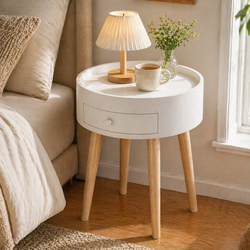 Round Nightstand with Drawer for Small Spaces, Modern White Bedside Table