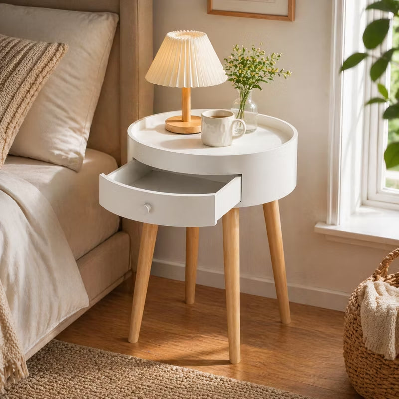 Round Nightstand with Drawer for Small Spaces, Modern White Bedside Table
