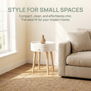 Round Nightstand with Drawer for Small Spaces, Modern White Bedside Table