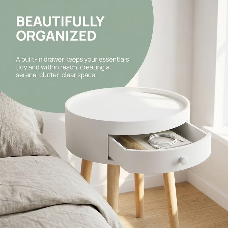 Round Nightstand with Drawer for Small Spaces, Modern White Bedside Table