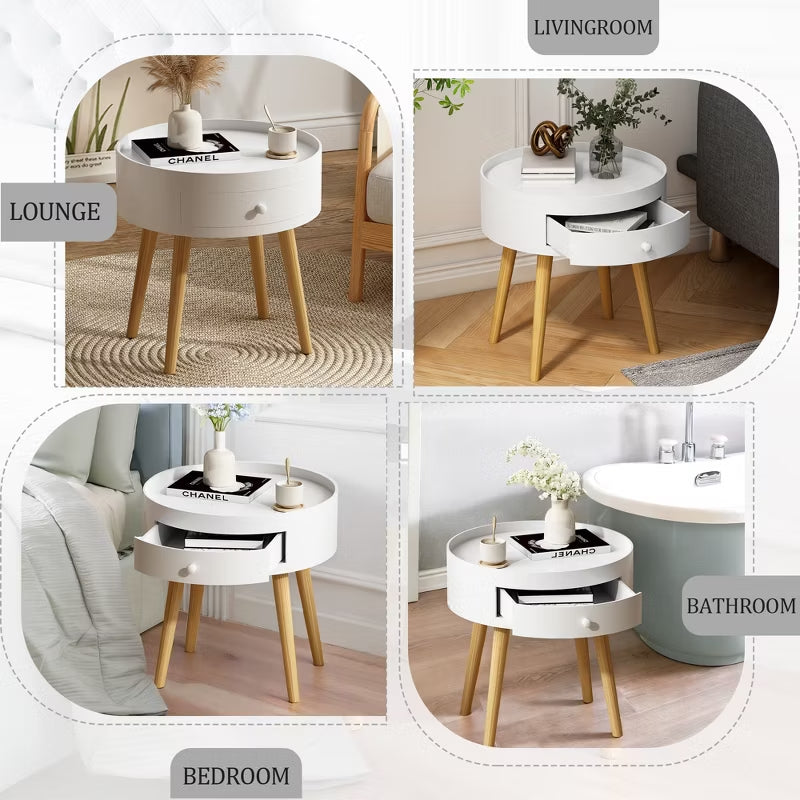 Round Nightstand with Drawer for Small Spaces, Modern White Bedside Table