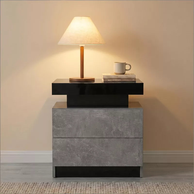 LED Nightstand with 2 Drawers & Open Storage Modern Bedside Table