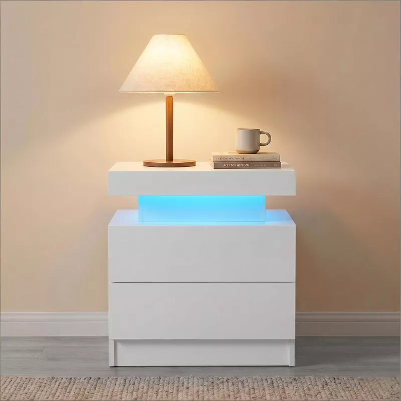 LED Nightstand with 2 Drawers & Open Storage Modern Bedside Table