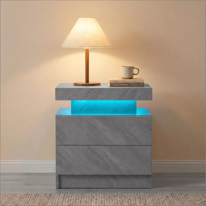 LED Nightstand with 2 Drawers & Open Storage Modern Bedside Table