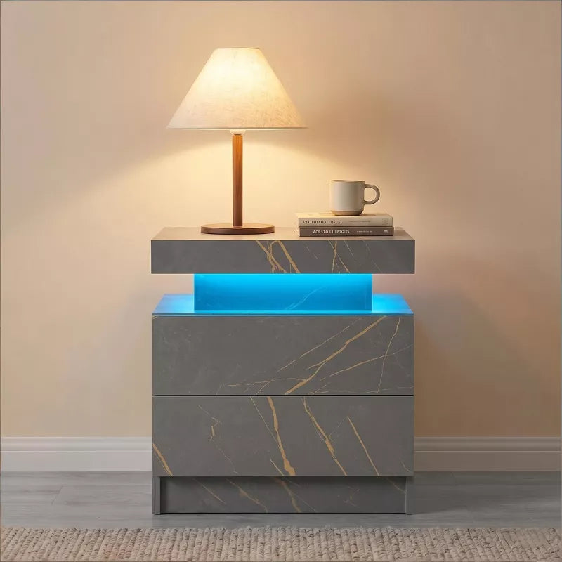 LED Nightstand with 2 Drawers & Open Storage Modern Bedside Table