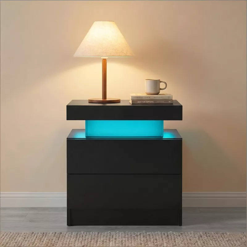 LED Nightstand with 2 Drawers & Open Storage Modern Bedside Table