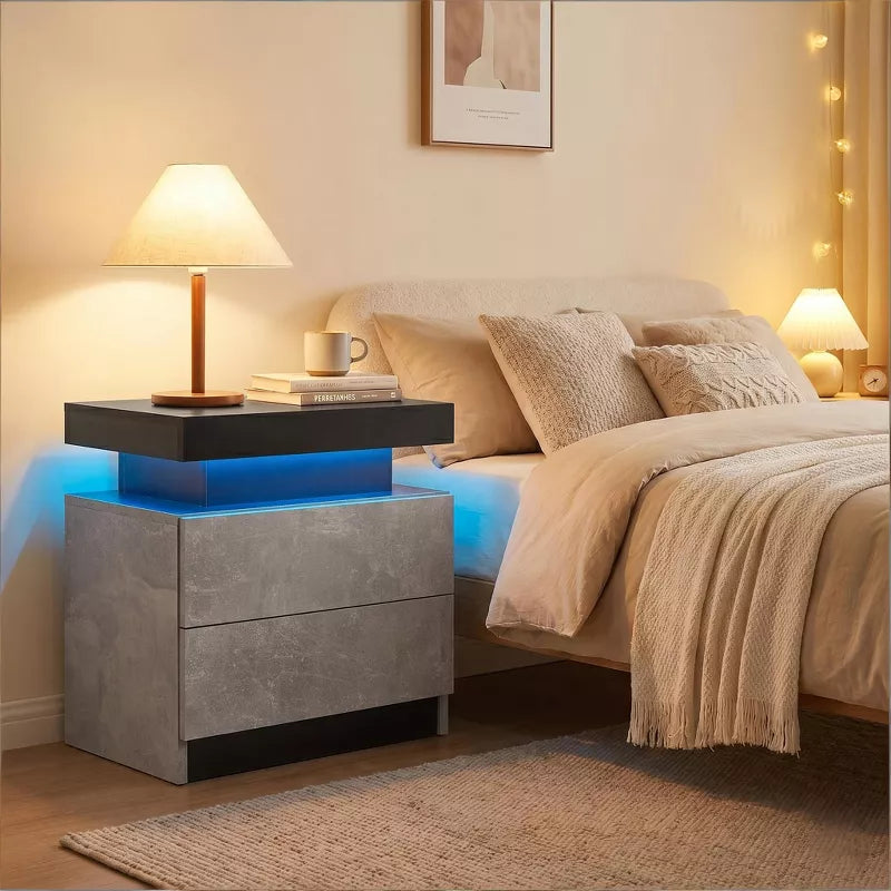 LED Nightstand with 2 Drawers & Open Storage Modern Bedside Table