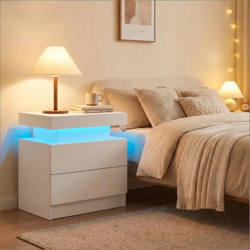 LED Nightstand with 2 Drawers & Open Storage Modern Bedside Table