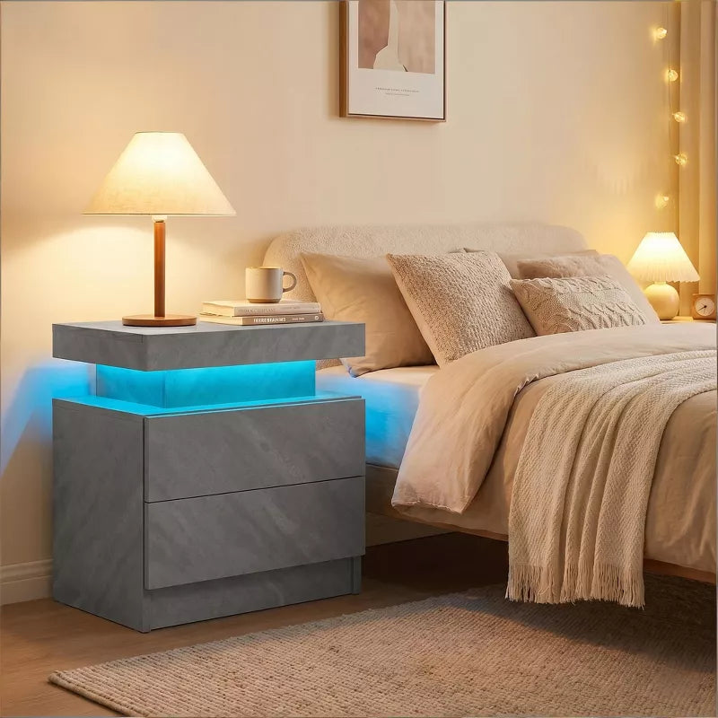 LED Nightstand with 2 Drawers & Open Storage Modern Bedside Table
