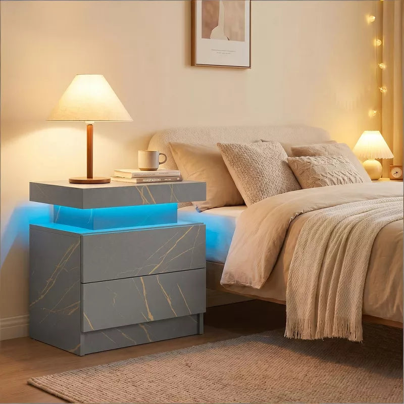 LED Nightstand with 2 Drawers & Open Storage Modern Bedside Table